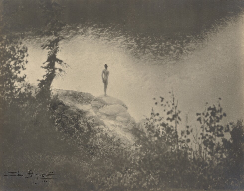 Sepia-toned landscape photograph
			looking down over a still lake. Trees in the foreground, a rock outcrop over the water
			with a single nude female figure standing on the edge, looking out over the water.